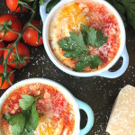 baked eggs chopped tomato chorizo parmesan