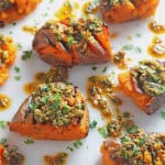 smashed sweet potatoes with tomato spinach pesto
