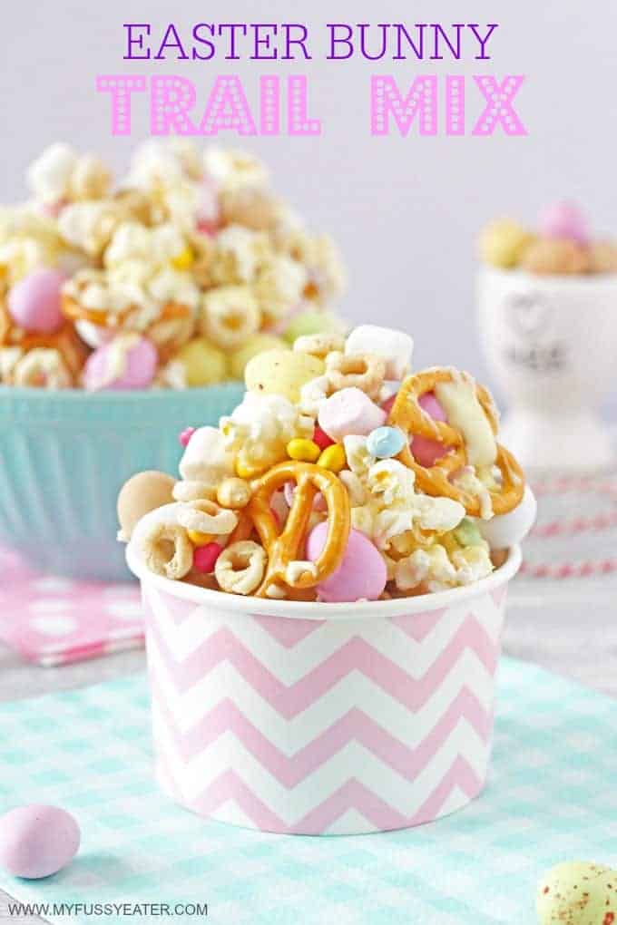 Easter Bunny Trail Mix served in pastel pink and white paper cup