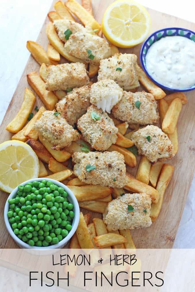 lemon and herb fish fingers, chips and peas