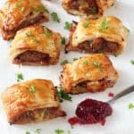 A delicious festive take on the classic sausage roll, made instead with turkey mince, cranberry sauce and brie. These mini pastry rolls will make a fantastic appetizer of party snack this Christmas!