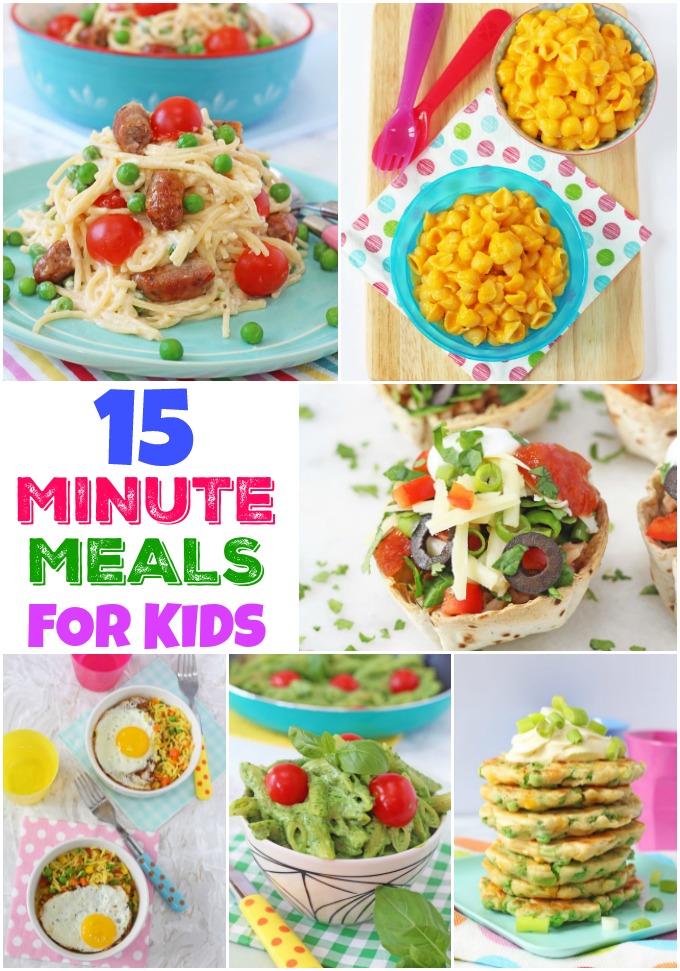 A collage of photos showing 15 Minute Meals for Kids and Families