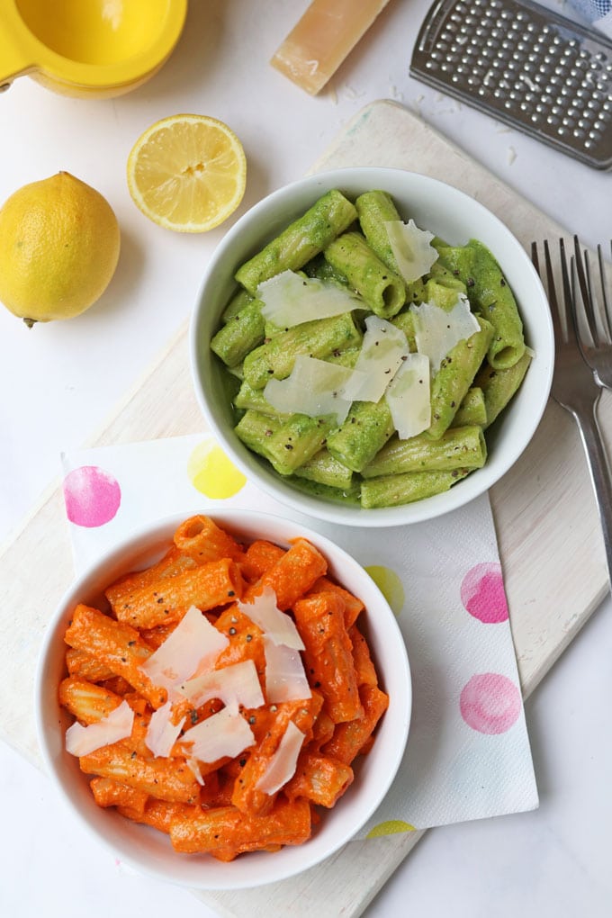 Red Pesto and Green Pesto no cook pasta sauces