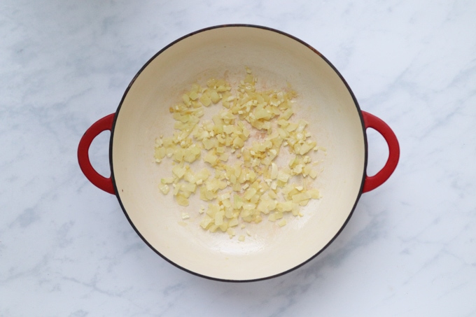 chopped frozen onions, garlic and ginger in a large red and white pan.