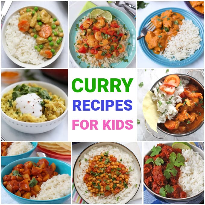 A collage of photos showing Curry Recipes For Kids.