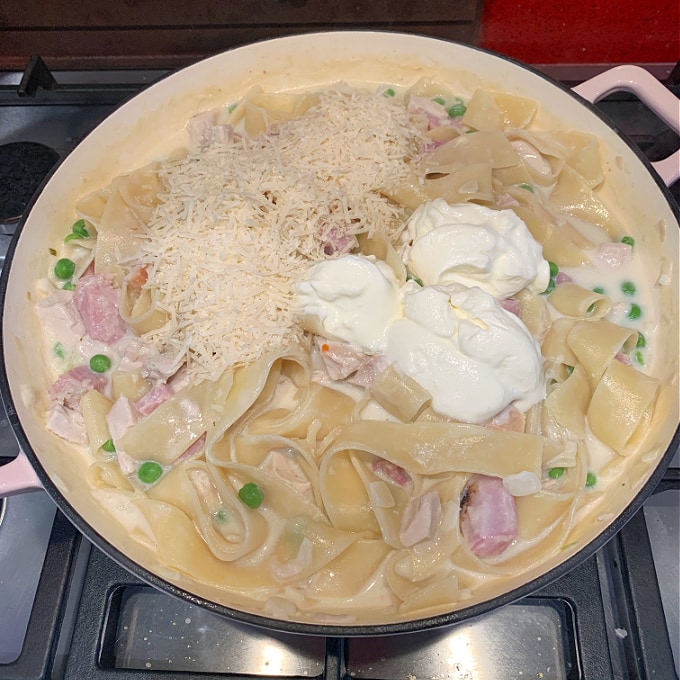 creme fraiche & grated parmesan added to the pan