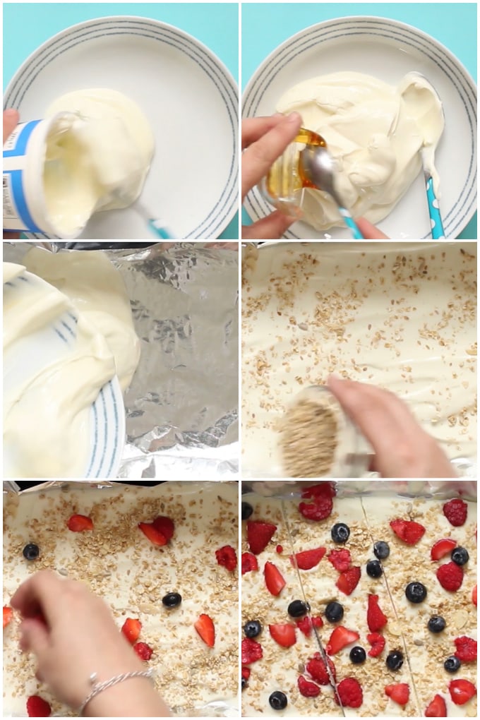 Step by step images showing how to make the breakfast frozen yogurt bark.