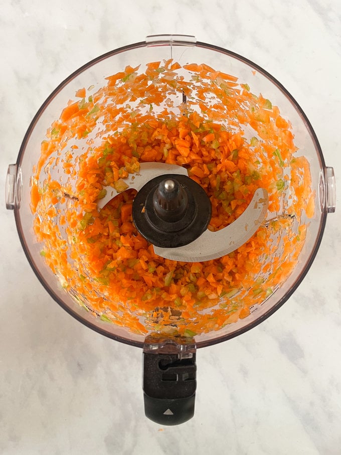 Blitzed vegetables in the food processor.