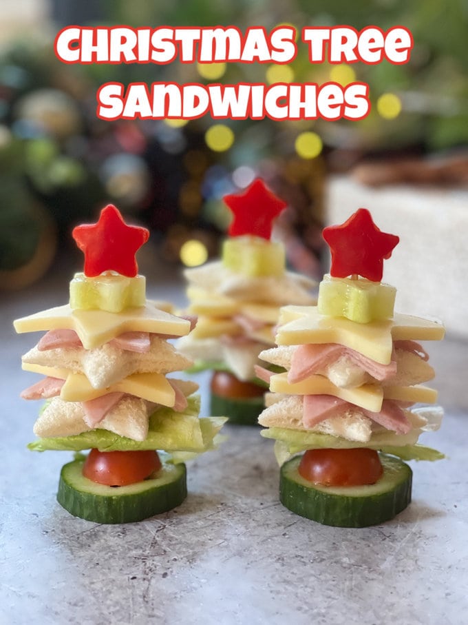 Christmas Tree Sandwiches on a marble counter top.