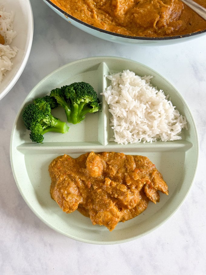 Hidden veg chicken satay served in a child's divided plate along with fluffy white rice and two heads of broccoli.