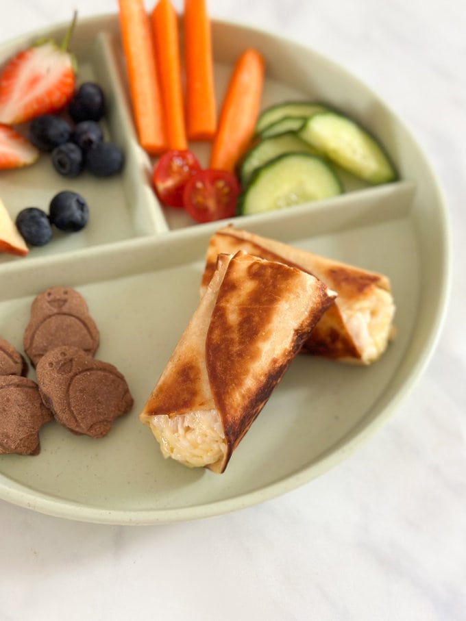 Tasty toasted wraps filled with chicken and cheese. A quick and easy 5 minute lunch for kids.