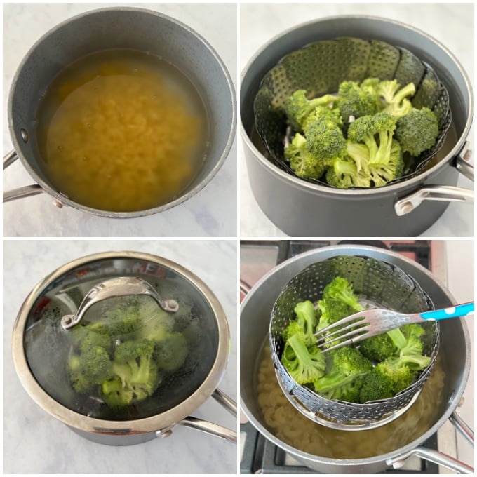 Four photos of how the broccoli is cooked in a streamer.