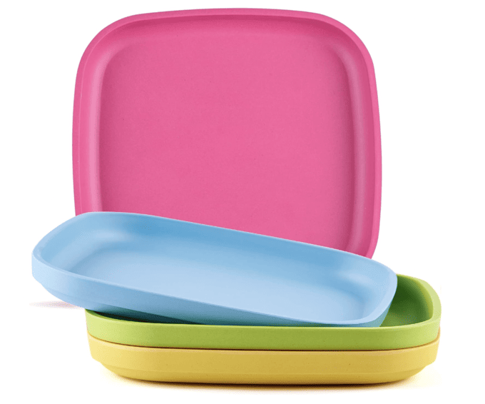 Kids' Tableware brightly coloured square plates in pink, green and blue.