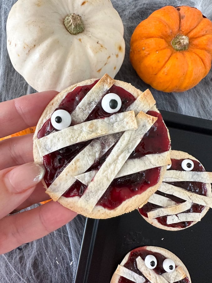 Close up photo of the jam mummy wrap tarts.