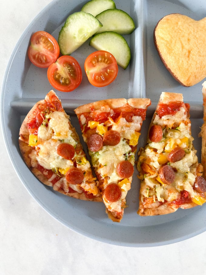 Close up photo of the pitta pizza bread with hidden veggies.