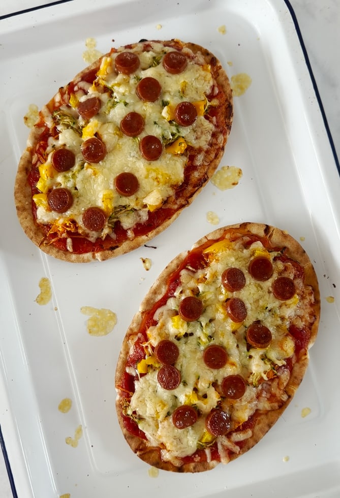 Pitta pizza bread with hidden veggies fresh out the oven.