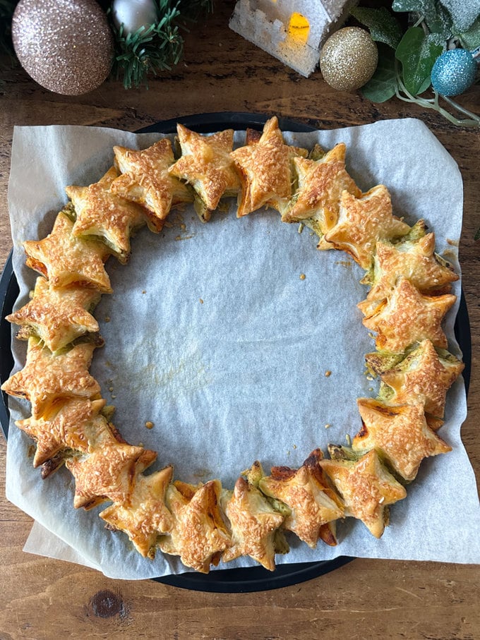 Wreath fresh out of the oven, looking golden brown and Delicious.
