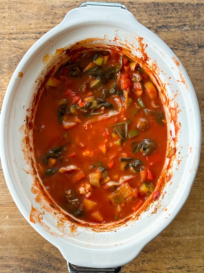 Cooked for another 3 hours and the veggies have all cooked down into the sauce and reduced in size quite dramatically.
