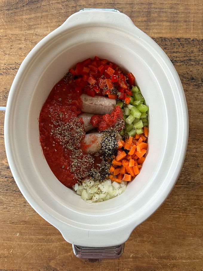 raw ingredients in the slow cooker