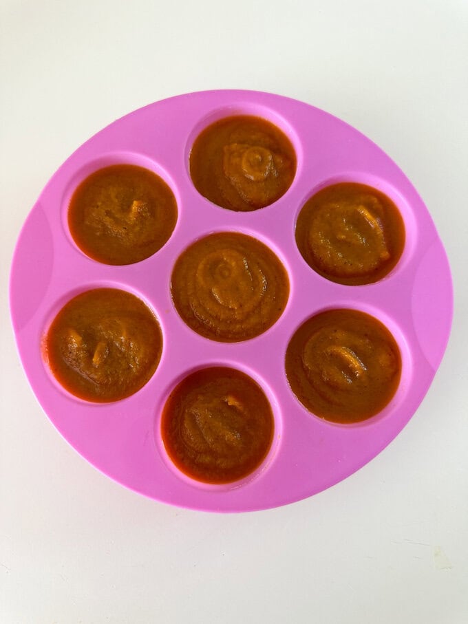 Freeze in one large freezer bag or use a silicone muffin tray like this one to freeze individual portions. Once frozen you can transfer them into a freezer bag.