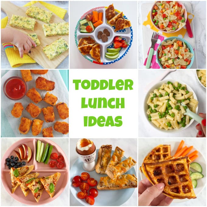 A collage of photos showing easy toddler lunch ideas.
