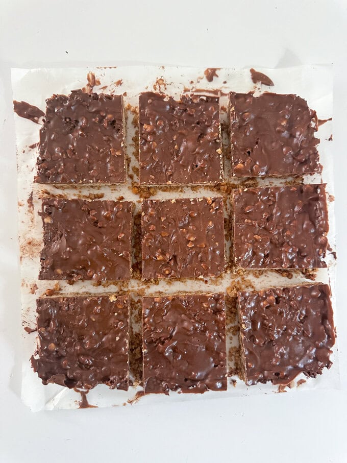 Peanut Butter Chocolate Flapjacks cut into 9 equal squares ready to eat.