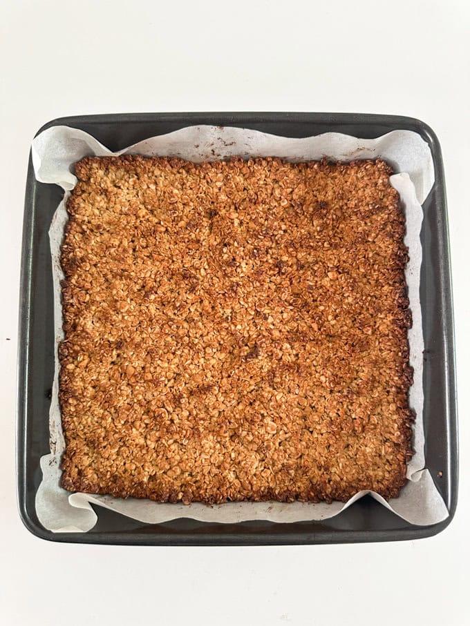 Peanut Butter Chocolate Flapjacks fresh out of the oven and golden brown.