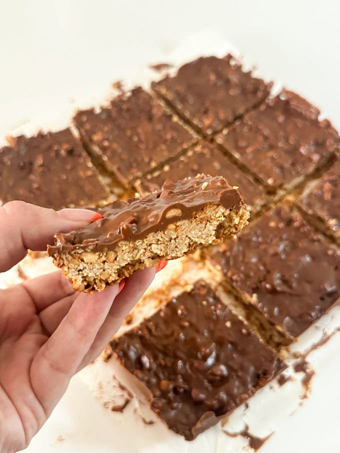 Chocolate Peanut butter Flapjacks cut into 9 squares.