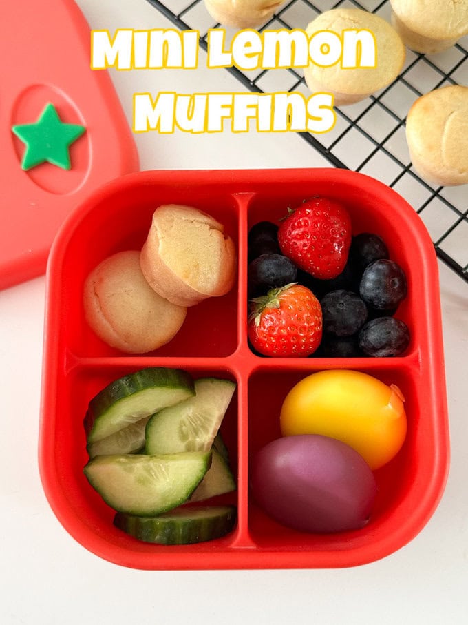 Mini Lemon Muffins in a red silicone divided snack box.