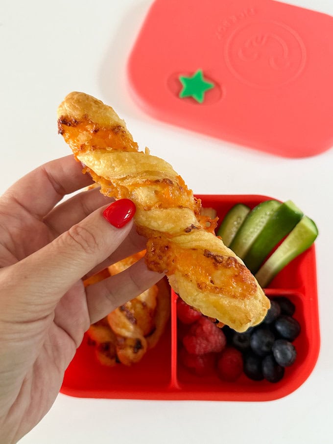 Close up of puff pastry cheese twists.