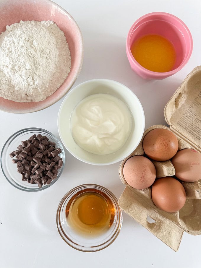 All the ingredients laid out on a kitchen worktop.