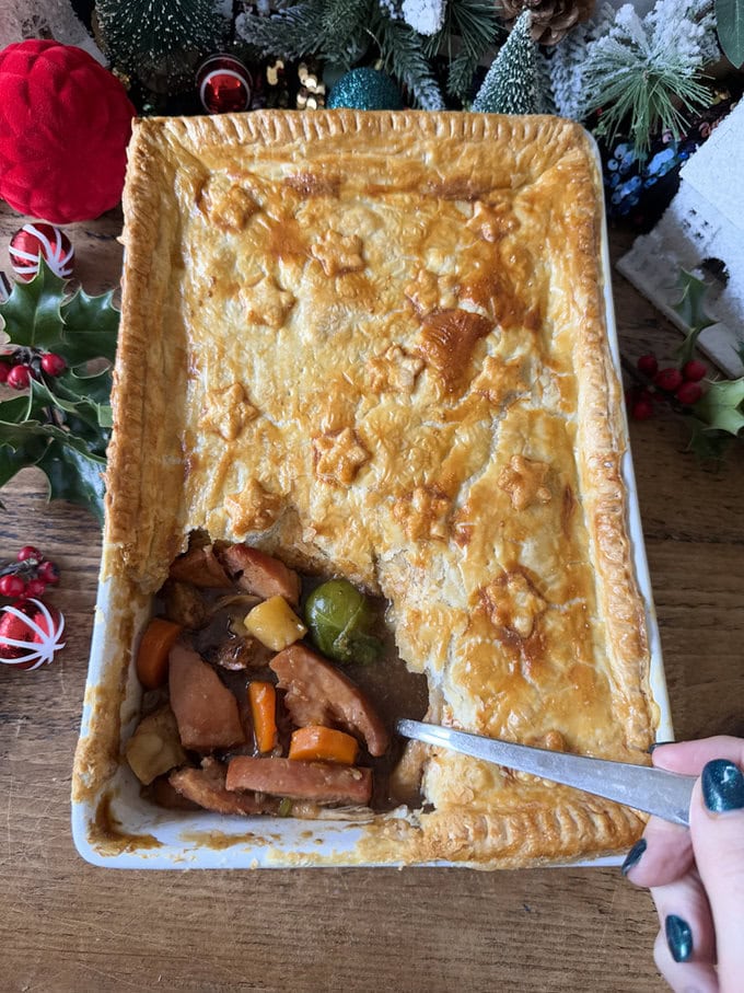 Leftover Christmas pie fresh out of the oven and golden brown.