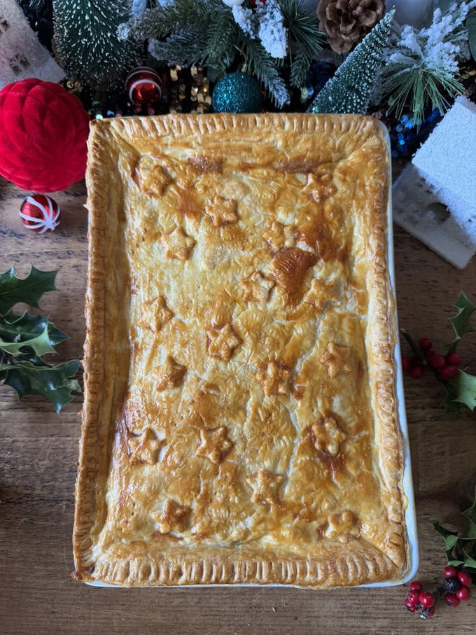 Leftover Christmas pie fresh out of the oven and golden brown.