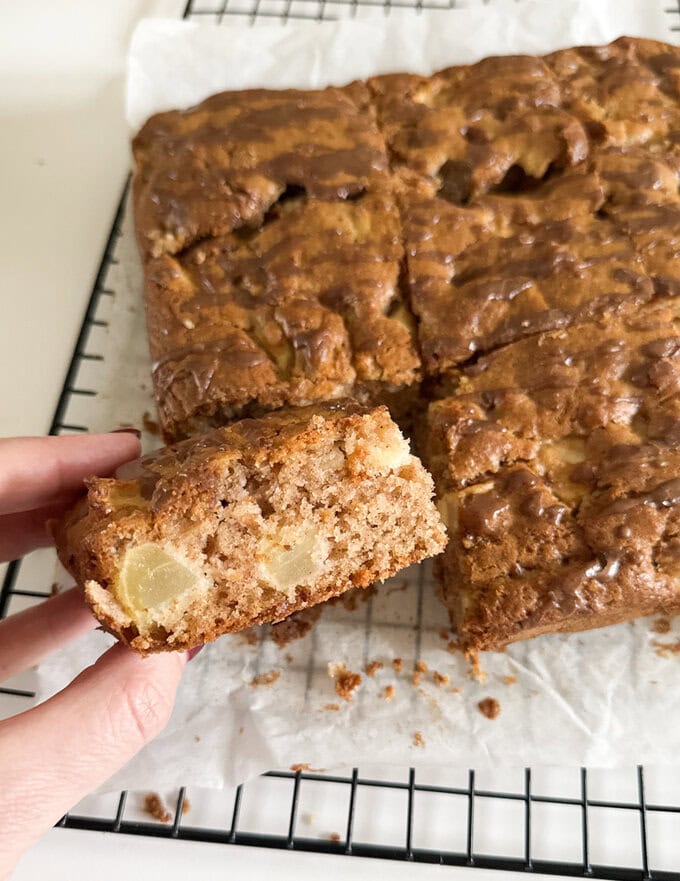 Apple & Cinnamon Cake fresh out of the oven,and cooling on a rack.