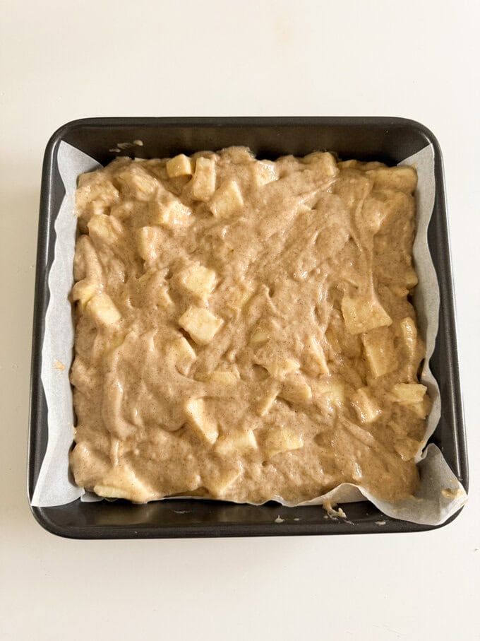 Apple & Cinnamon Cake cake mix in a oven dish ready for the oven.