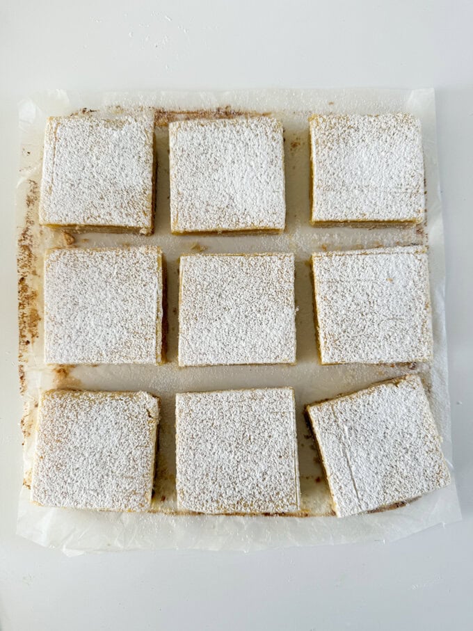 Lemon bars dived into equal squares.