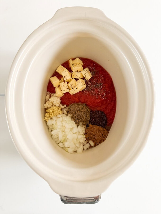 All the Ingredients in the slow cooker.
