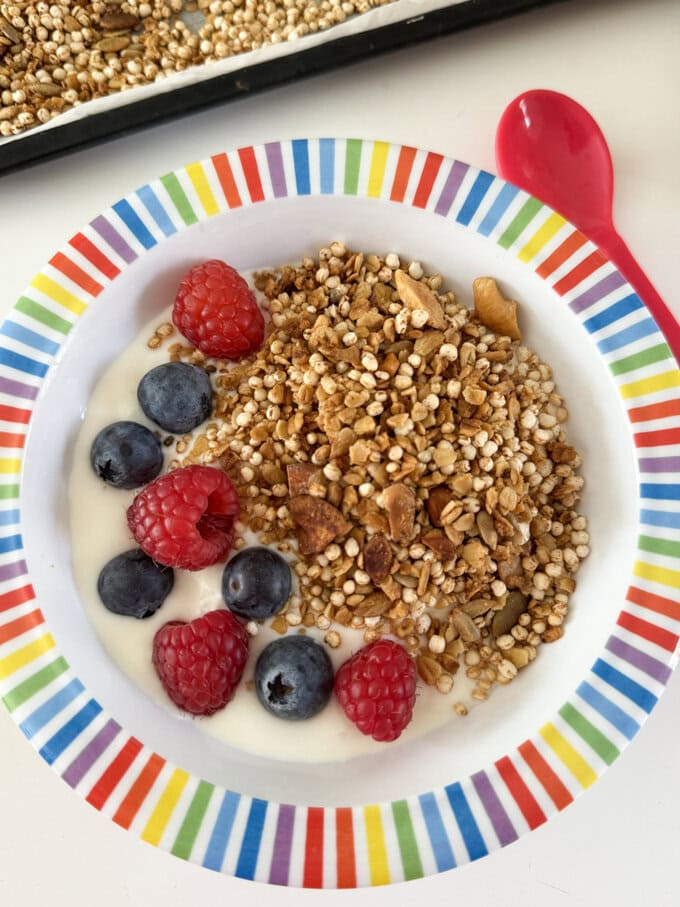 Quinoa Granola served in a child's round bowl with rainbow stripes, accompanied with fresh berries. 