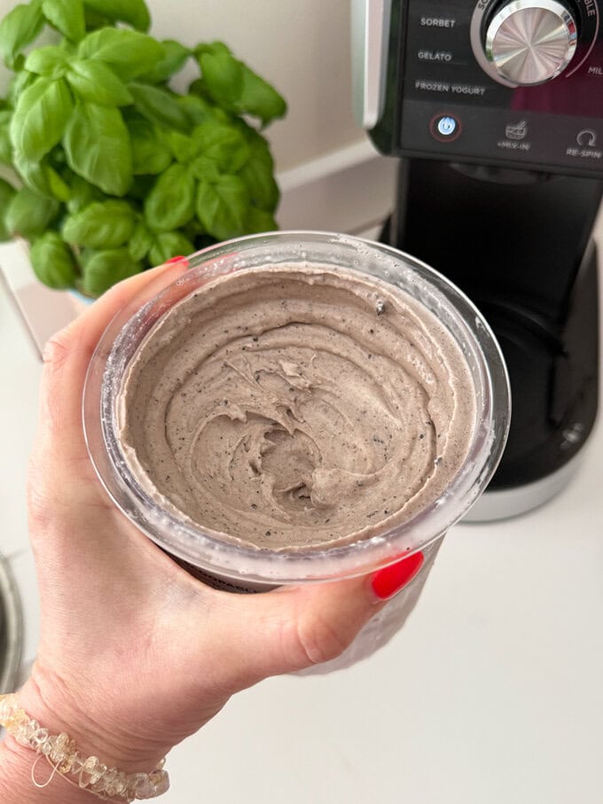 Oreo Ice cream in the Ninja Creami pot all ready to eat.