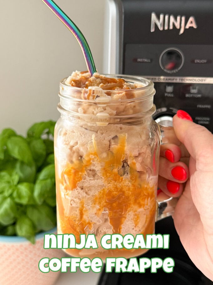 a Coffee Frappe served in a mason jar glass with a silver metal straw.