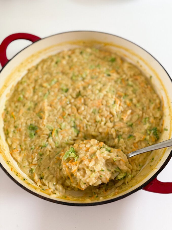 Hidden Veggie One pot orzo in a oven proof dish.