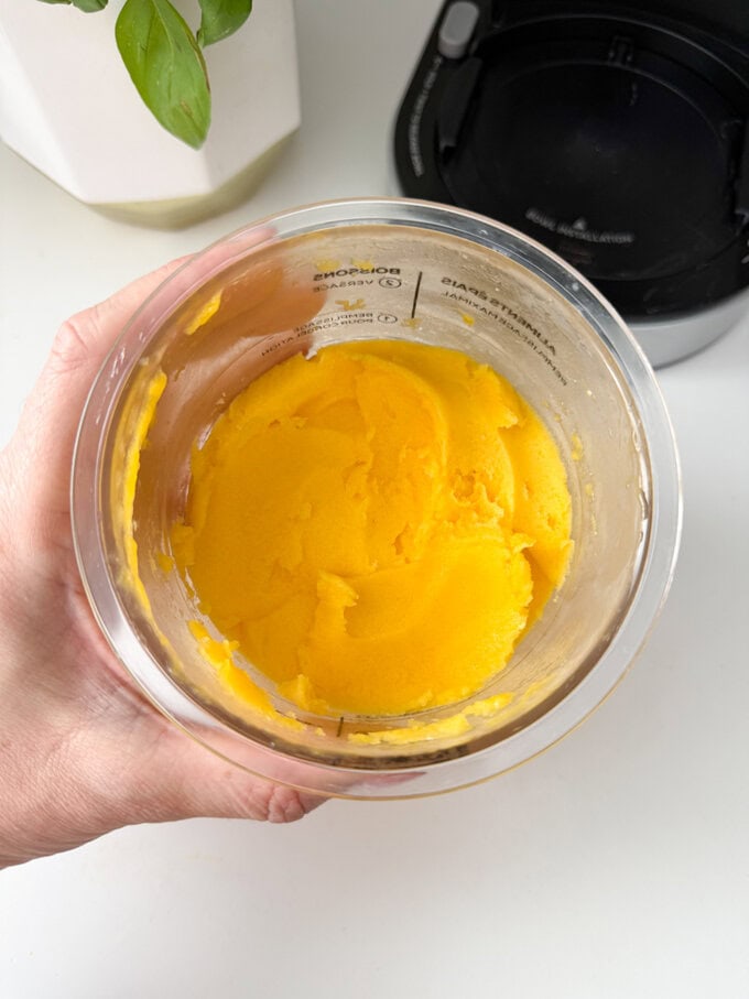 Delicious and healthy mango sorbet made in the Ninja Creami.