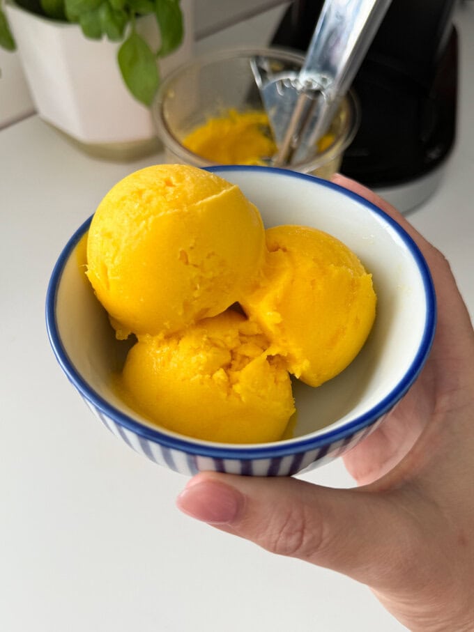 Delicious and healthy mango sorbet made in the Ninja Creami. Served in a small blue and white striped ice cream bowl.