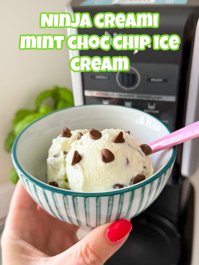 2 scoops of Mint Choc Chip Ice Cream in a green and white bowl topped with milk chocolate chips.