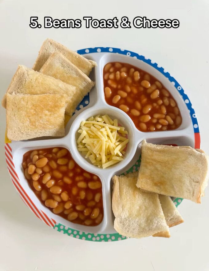 Beans,toast & cheese served in a midi pick plate.
