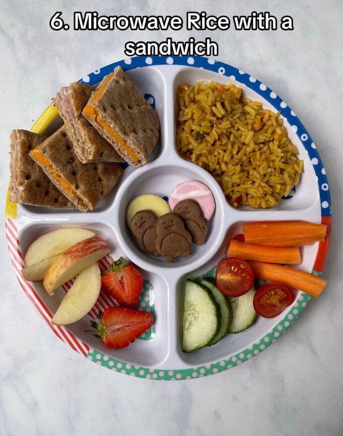 Microwave rice with a sandwich served in a midi pick plate.