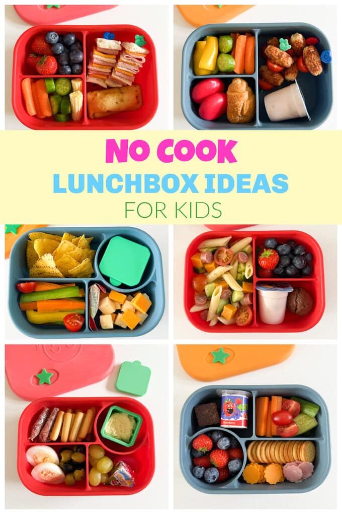 A Collage of photos showing no cook lunchbox ideas for kids.